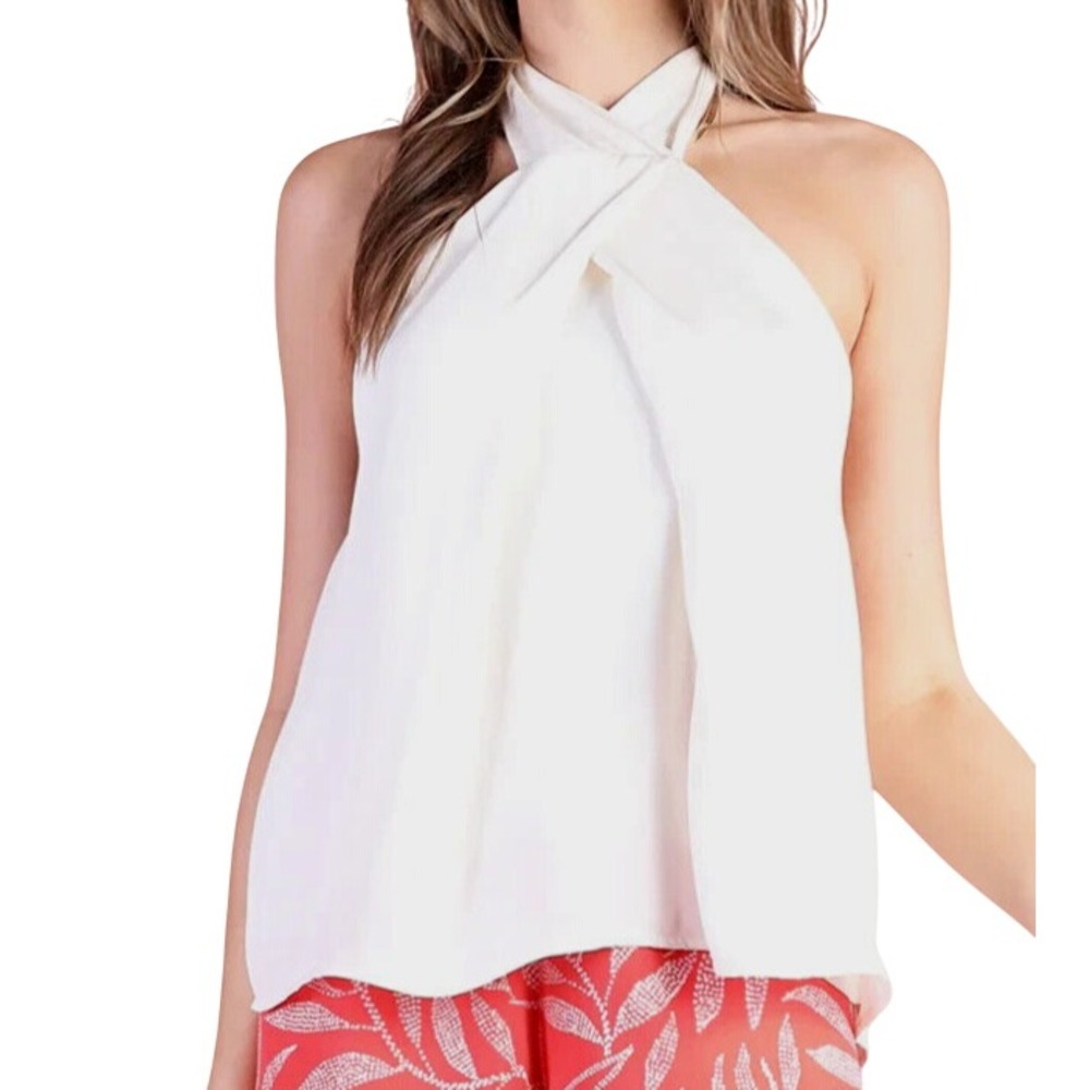 TYCHE Off-White CREPE Crossed Straps TIE BACK Keyhole HALTER BLOUSE/TOP Sz S